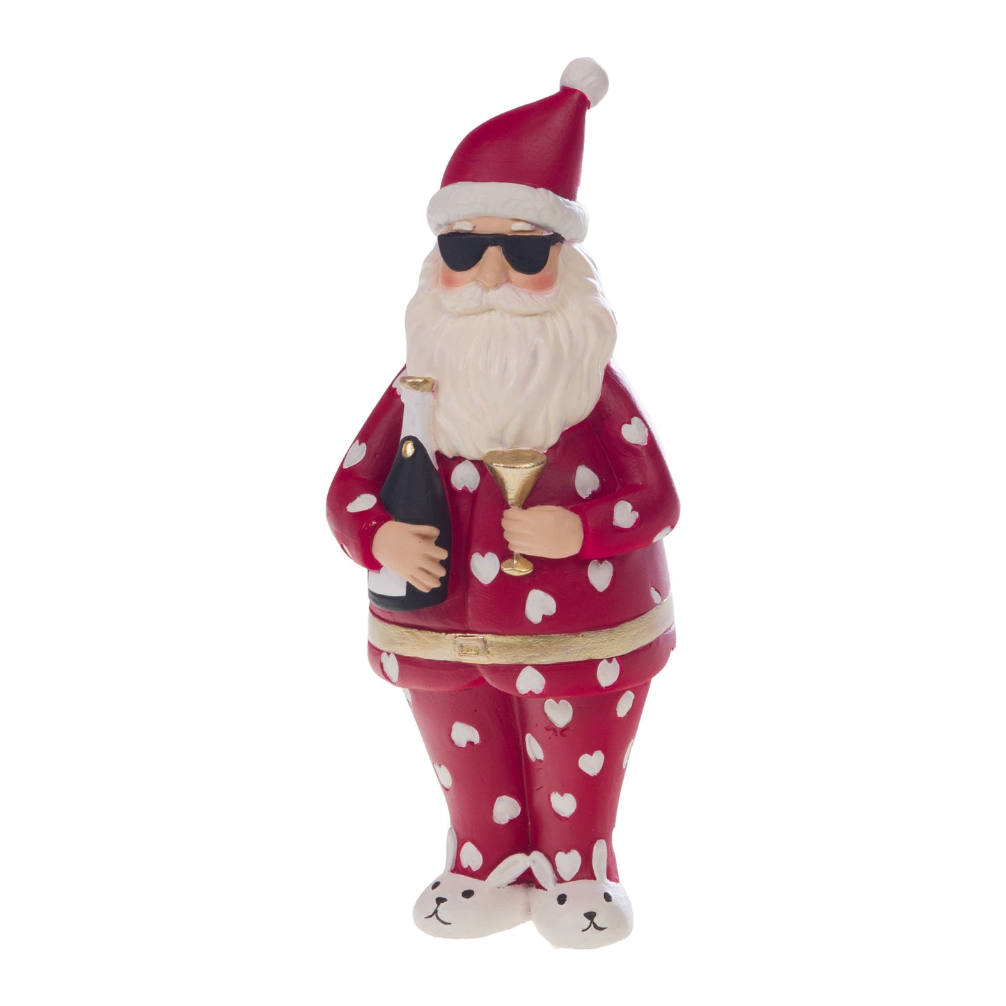 Cheerful Santa Claus resin figurine holding champagne. Height 23 cm, perfect for holiday décor!