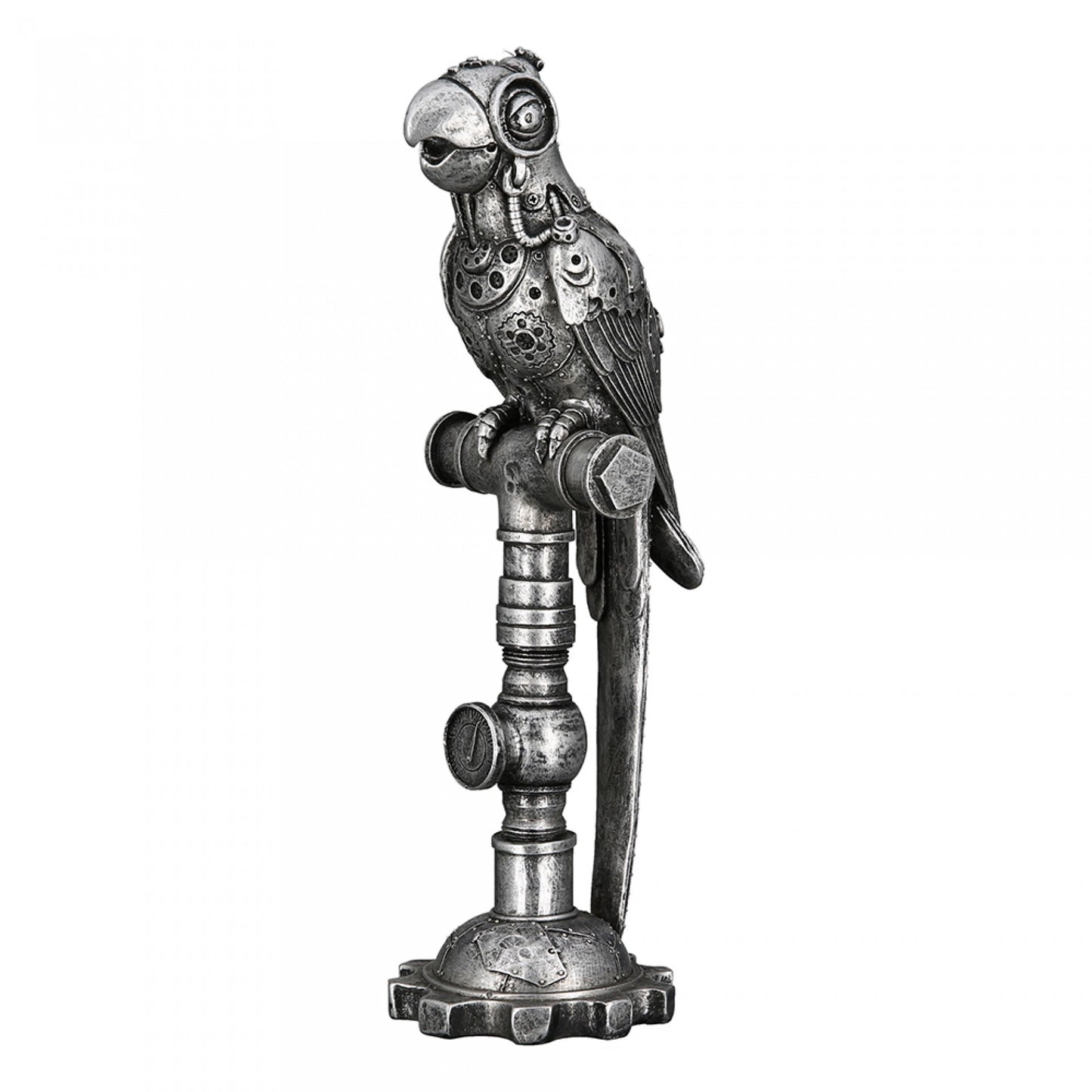 Steampunk parrot statue, silver resin. Height 11'8 inches (30 centimeters)