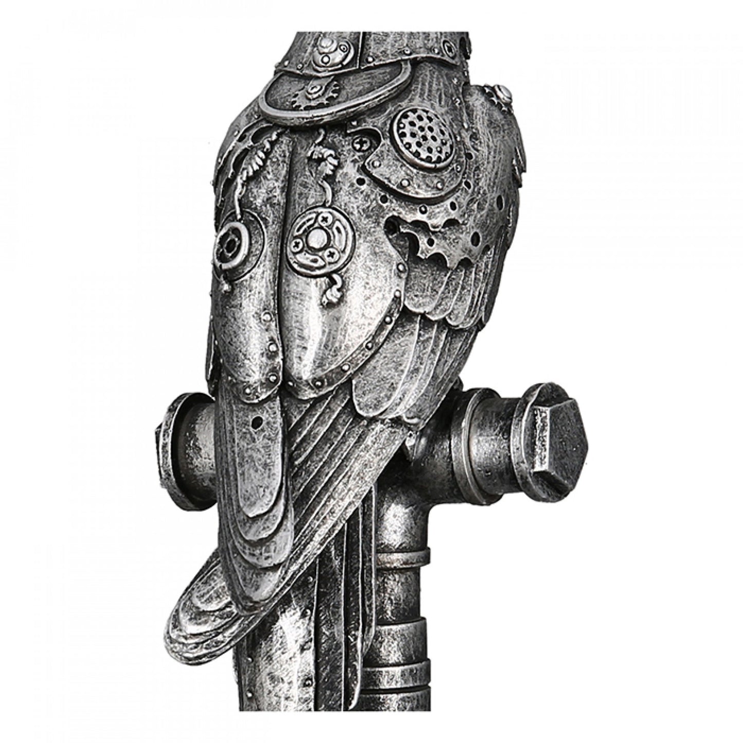 Steampunk parrot statue, silver resin. Height 11'8 inches (30 centimeters)