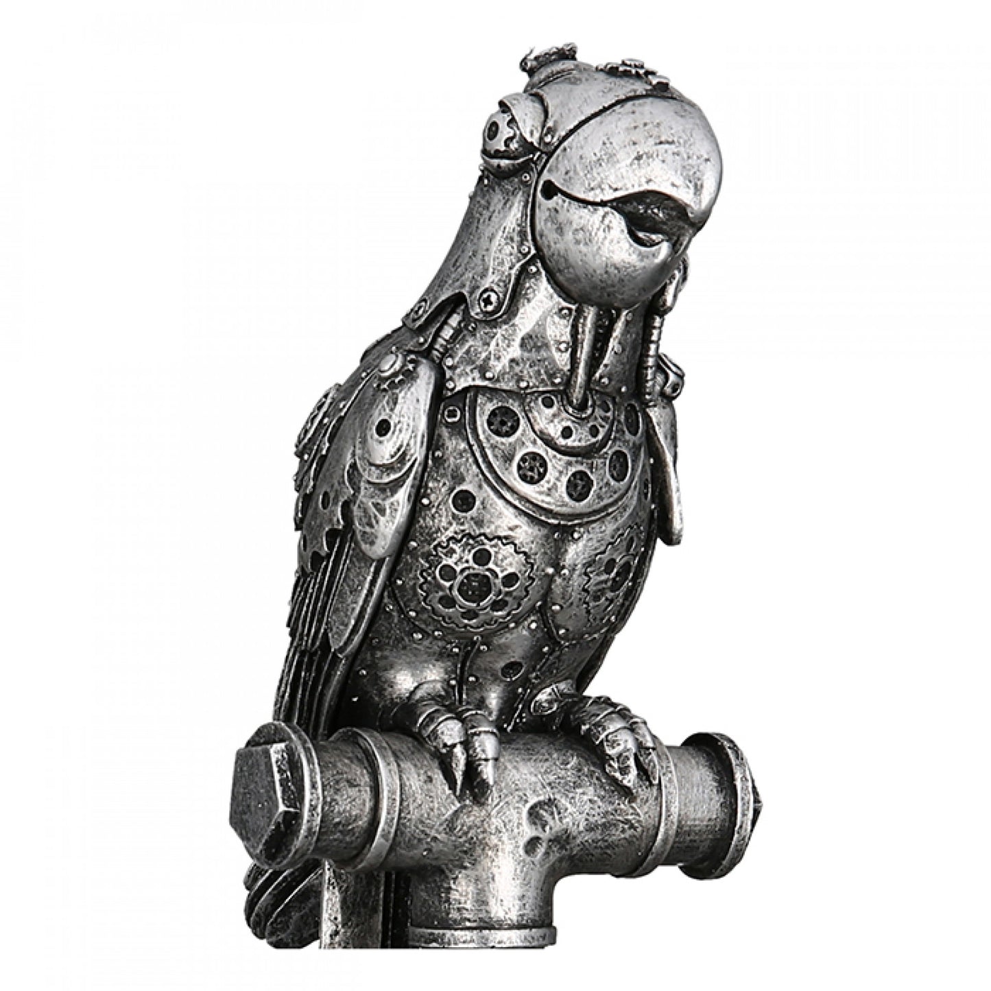 Steampunk parrot statue, silver resin. Height 11'8 inches (30 centimeters)