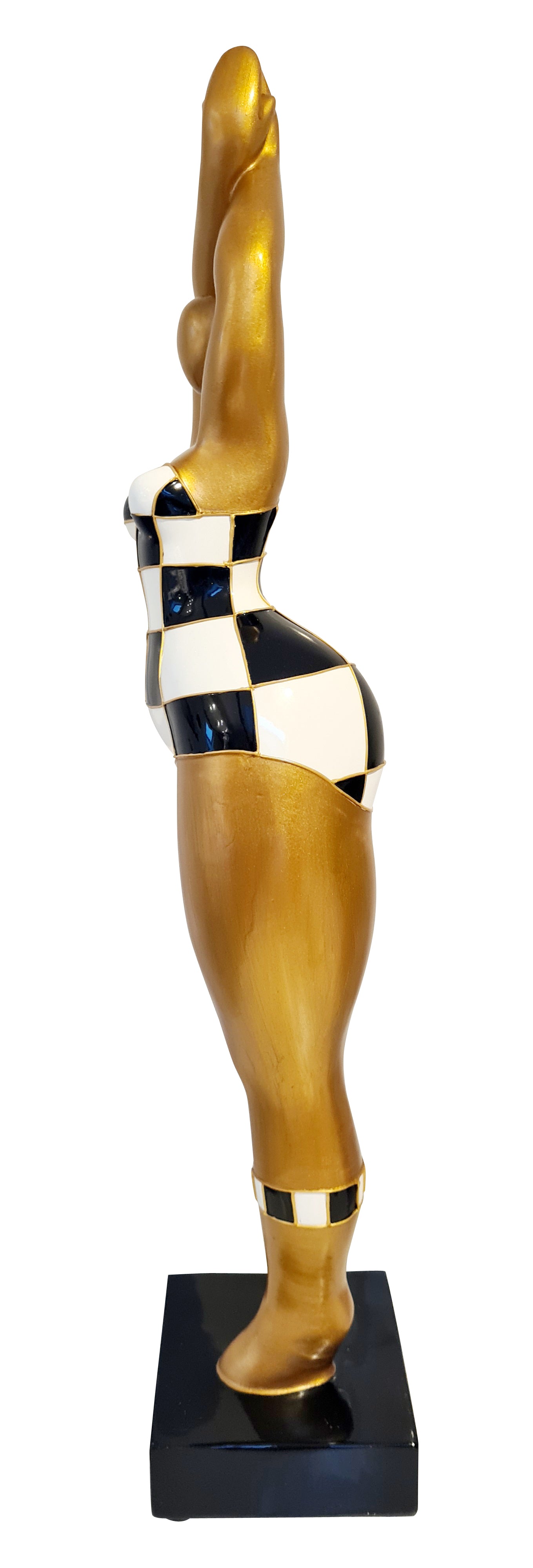 Statue Nanas Danseuses femme ronde "Pia" hauteur 52 centimètres. Résine dorée et damier