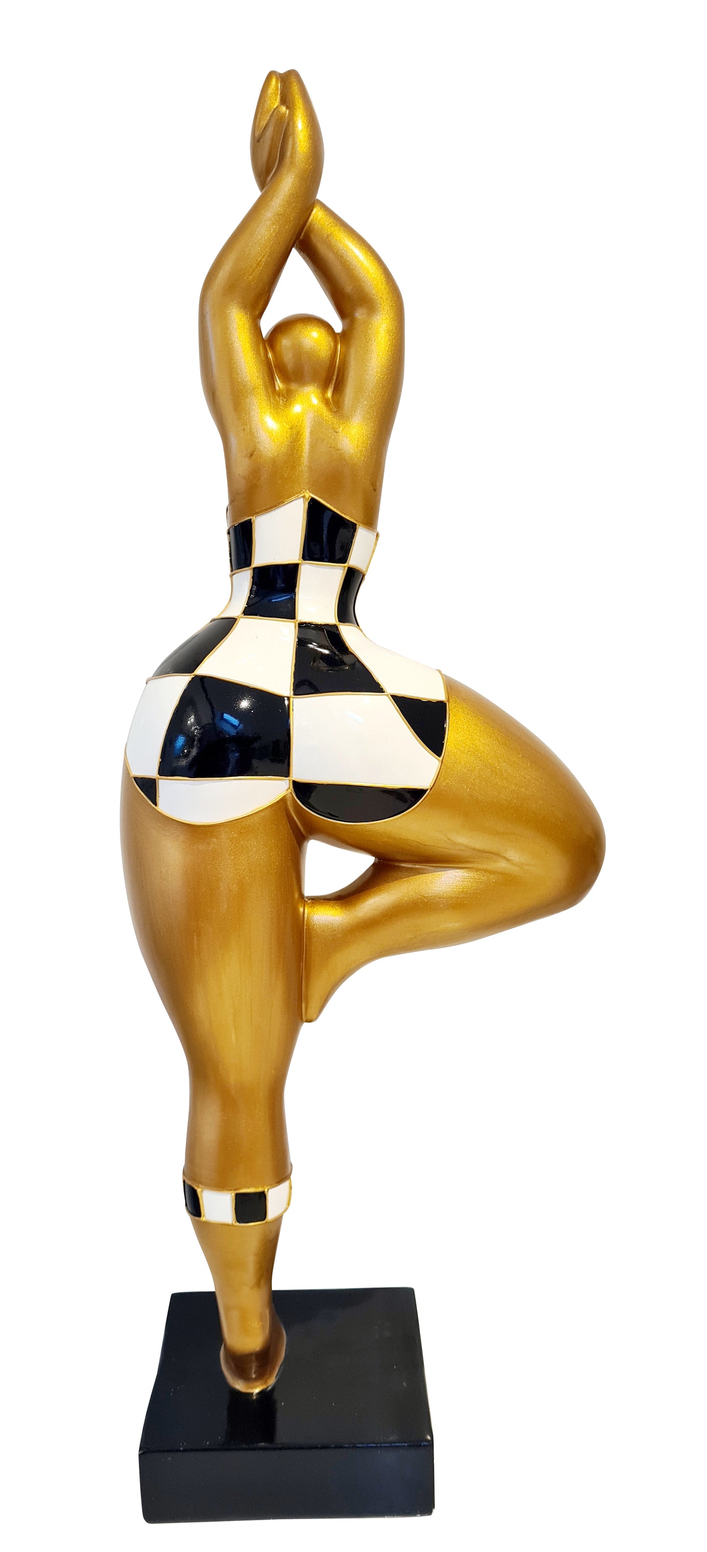 Statue Nanas Danseuses femme ronde "Pia" hauteur 52 centimètres. Résine dorée et damier