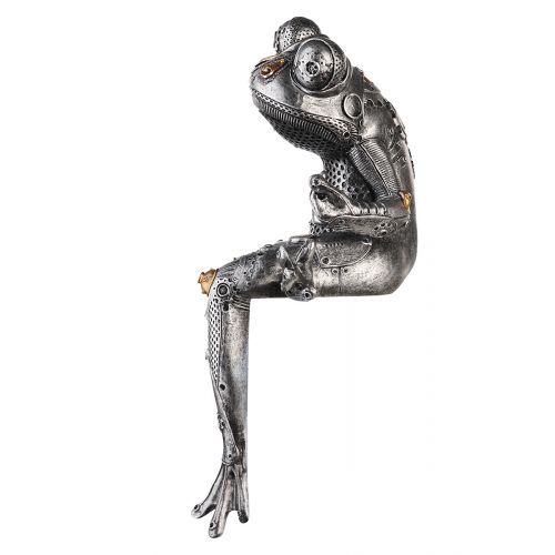 Steampunk frog statue, silver resin. Height 12'2 inches (31 centimeters)