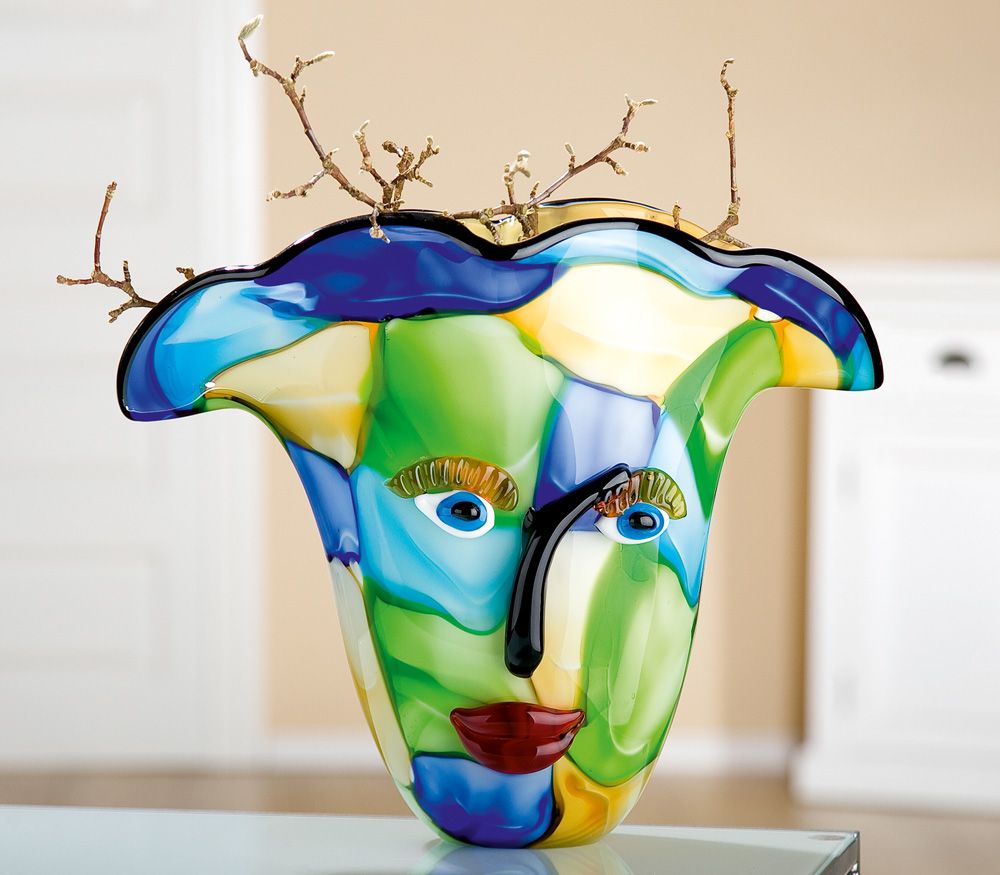 Face vase in colored glass, height 31 centimeters