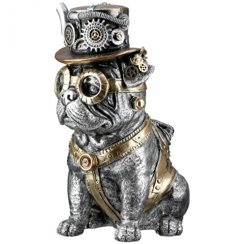 Steampunk Bulldog statue, silver resin. Height 26 centimeters