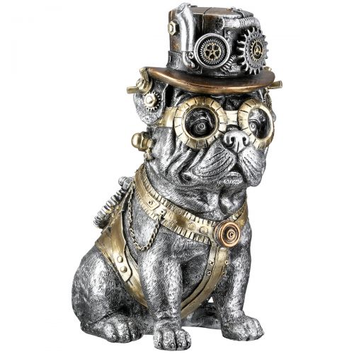 Steampunk Bulldog statue, silver resin. Height 26 centimeters