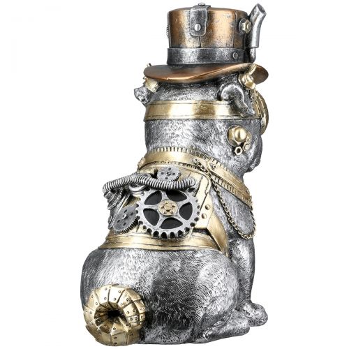 Steampunk Bulldog statue, silver resin. Height 26 centimeters