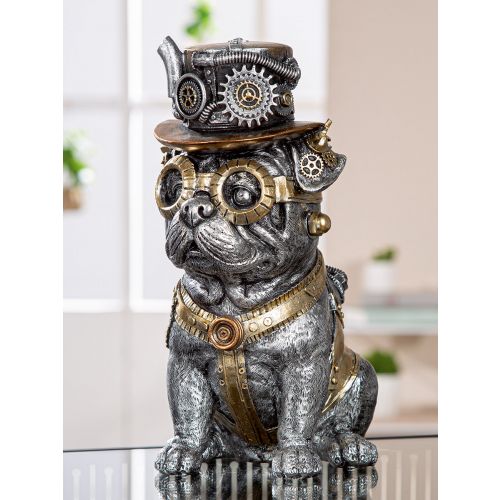 Steampunk Bulldog statue, silver resin. Height 26 centimeters