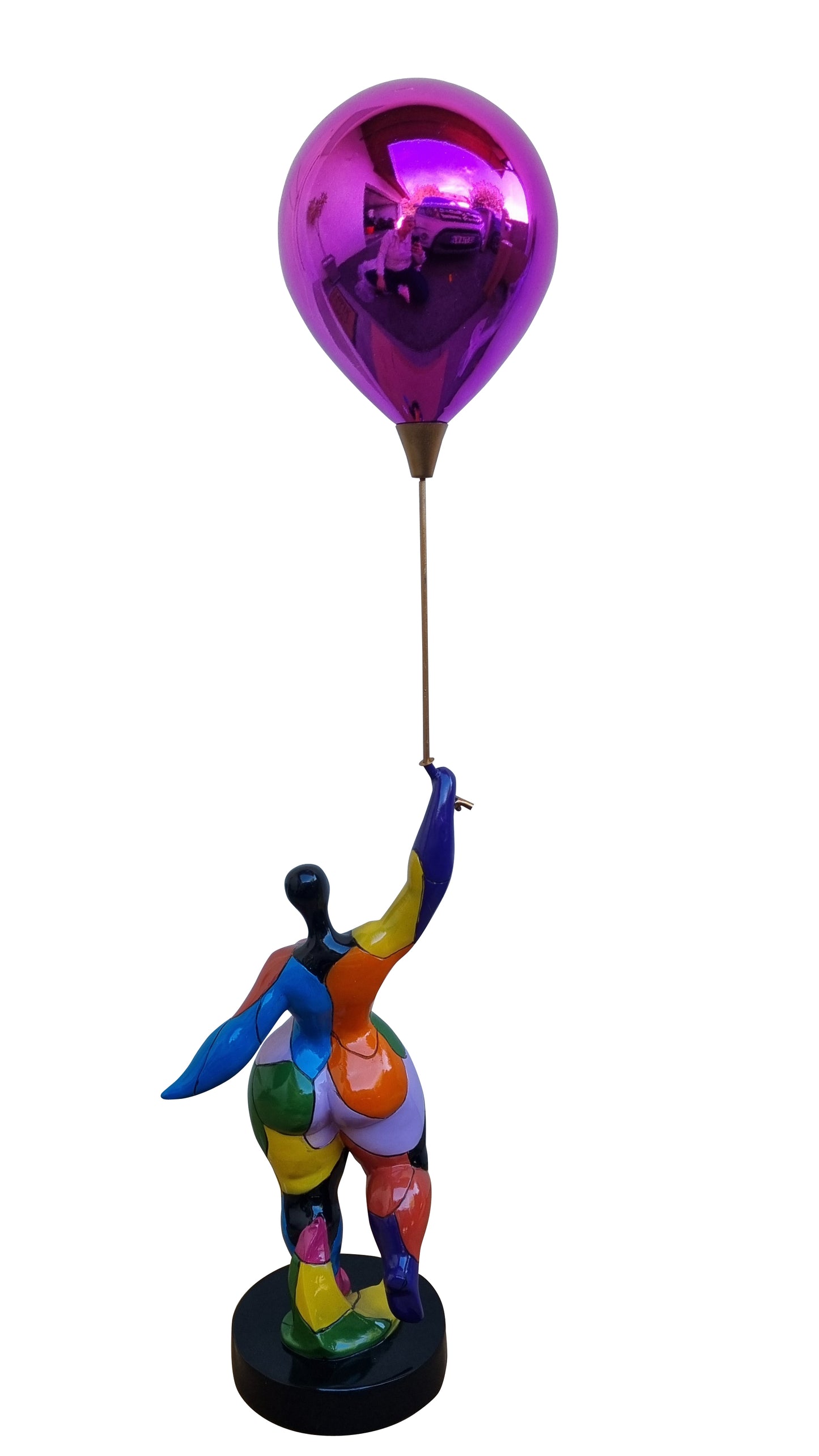 Round, multi-colored statue of a woman with a ball, Nana style, made of resin. Total height 76 centimeters