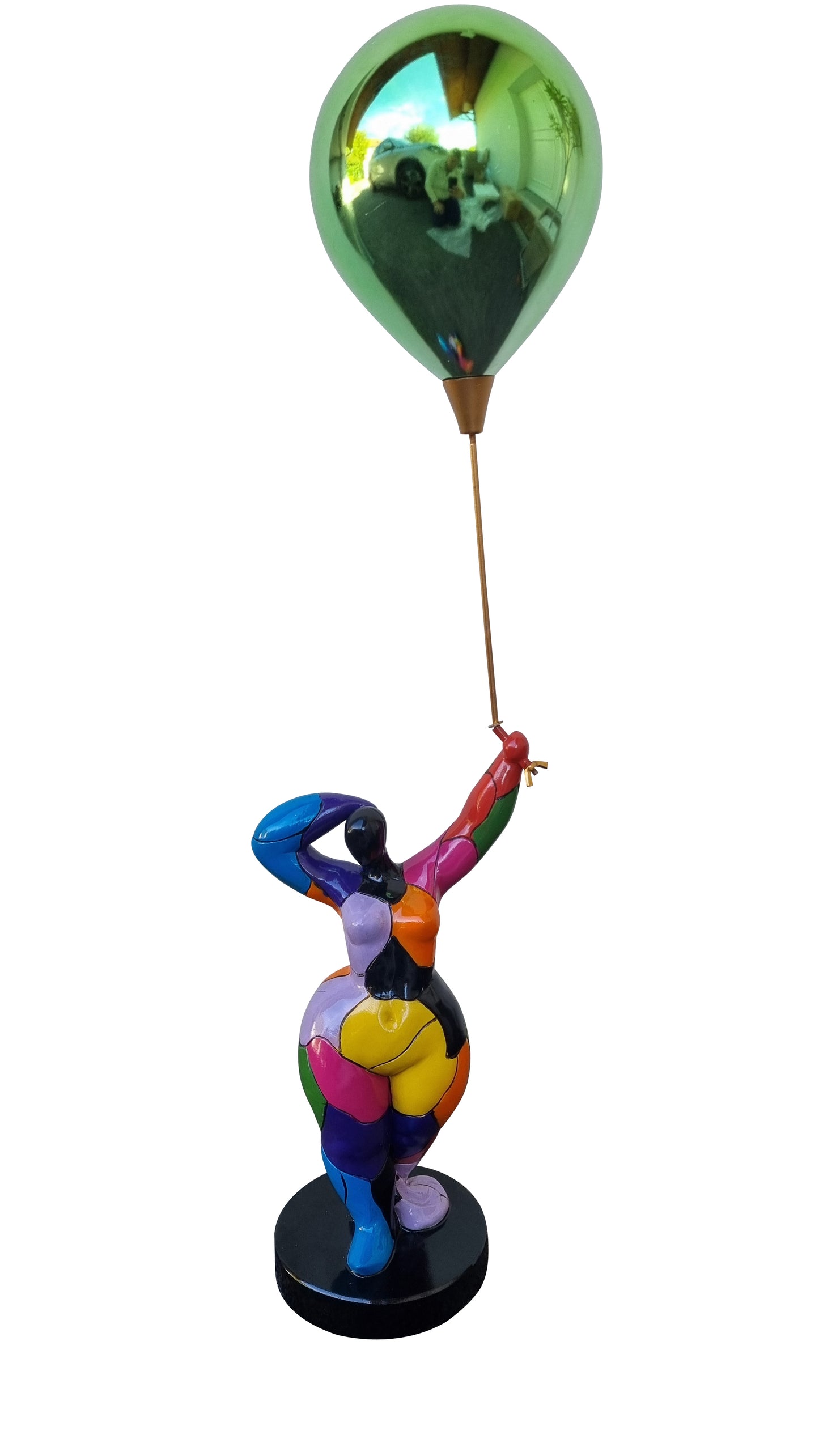 Round, multi-colored statue of a woman with a ball, Nana style, made of resin. Total height 75 centimeters