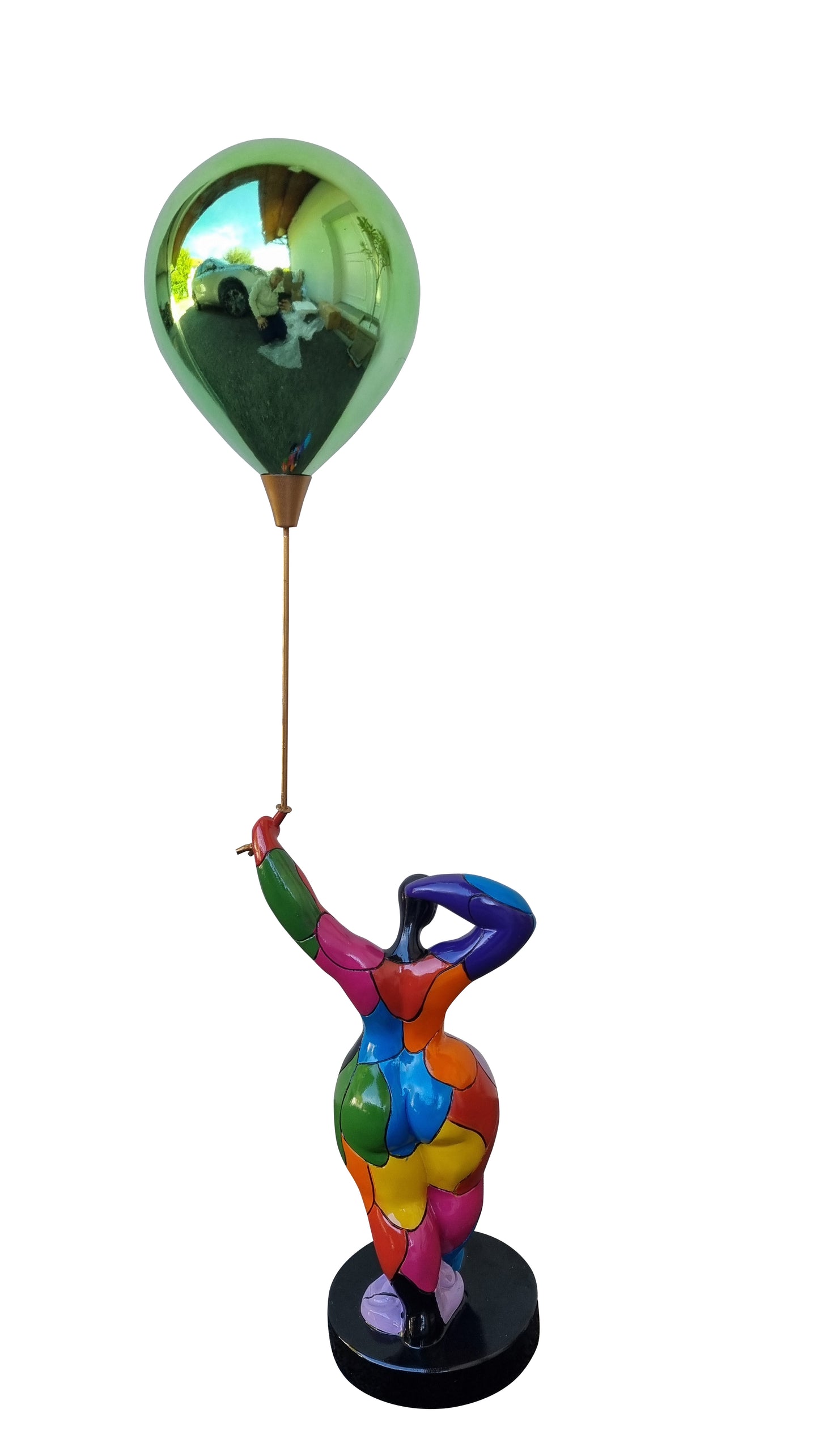 Round, multi-colored statue of a woman with a ball, Nana style, made of resin. Total height 75 centimeters