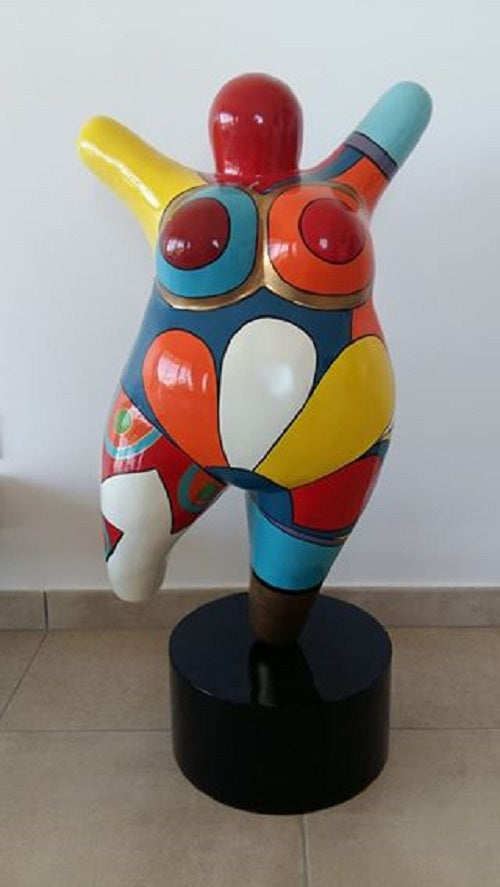 Big Dancer statue 60 cm, curvy woman with multicolor patterns. Hand-painted resin sculpture, decoration Laure Terrier