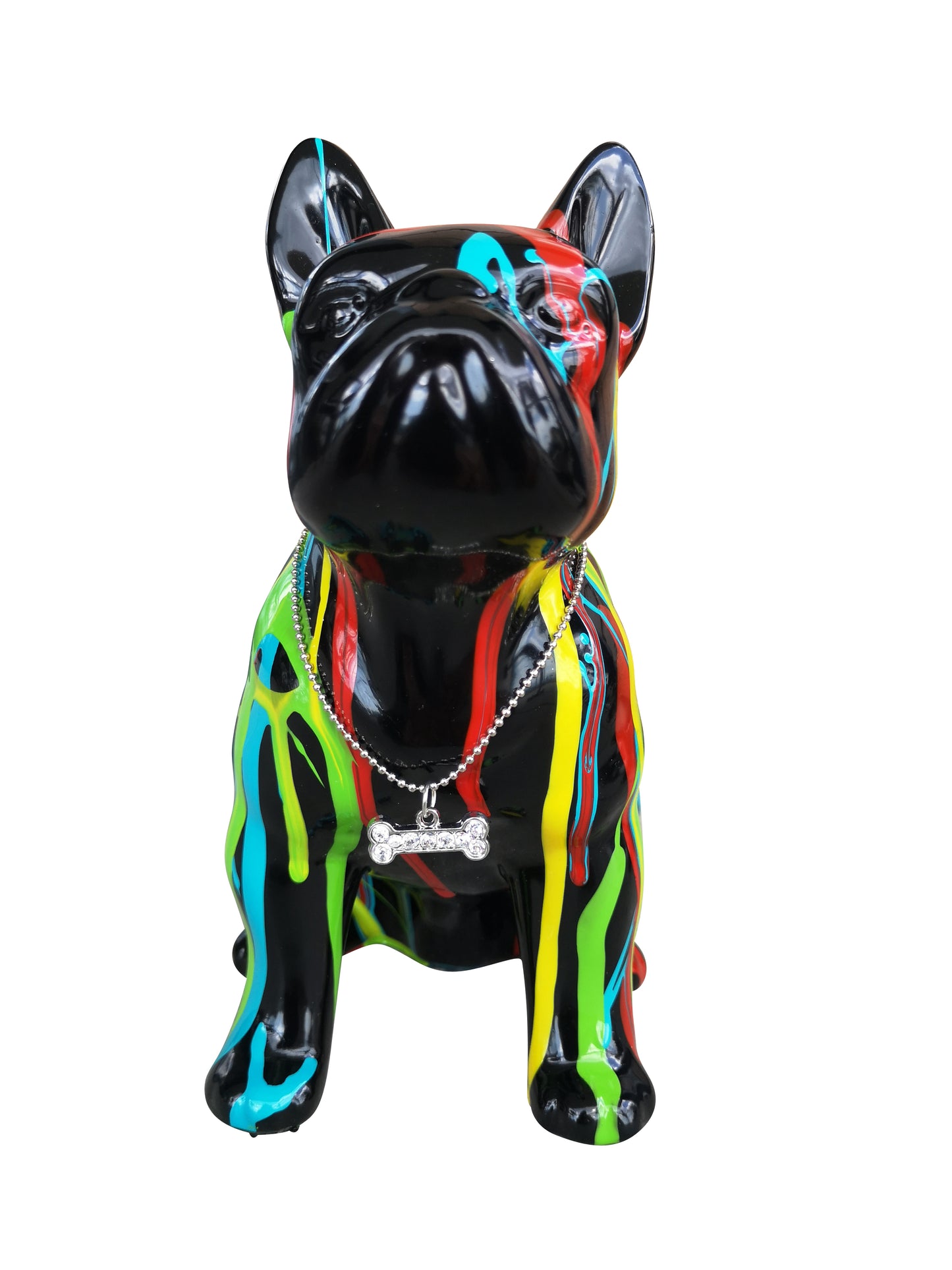 Tirelire chien Bouledogue Français, céramique noire et coulures de peinture. Hauteur 17 centimètres