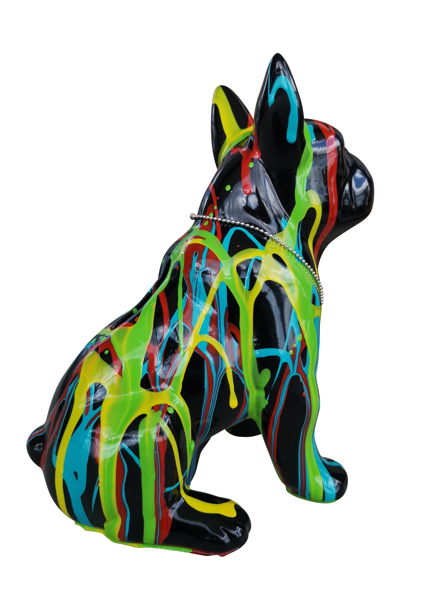 Tirelire chien Bouledogue Français, céramique noire et coulures de peinture. Hauteur 17 centimètres