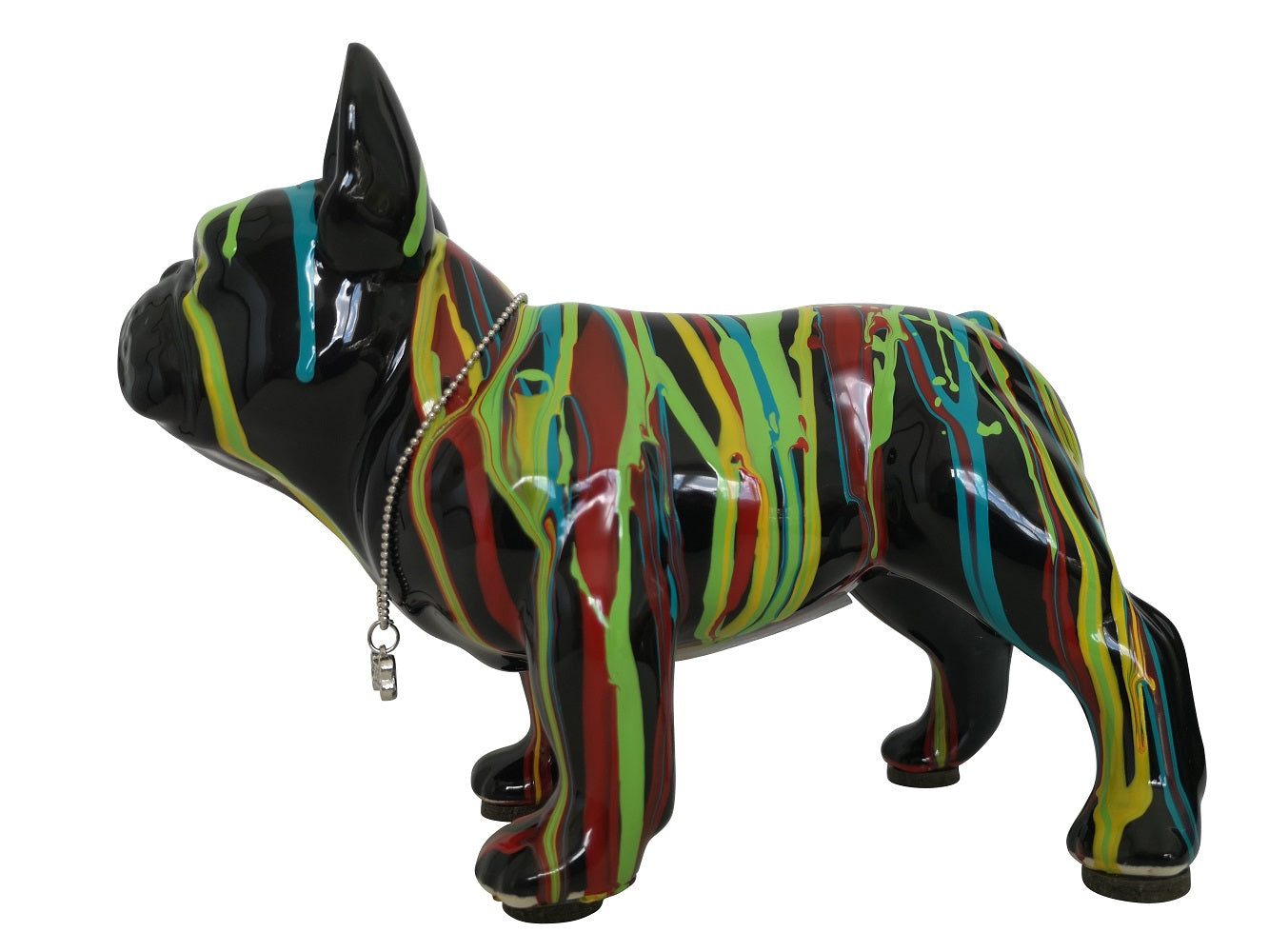 French Bulldog dog piggy bank, black ceramic with paint drips. Length 17 centimeters
