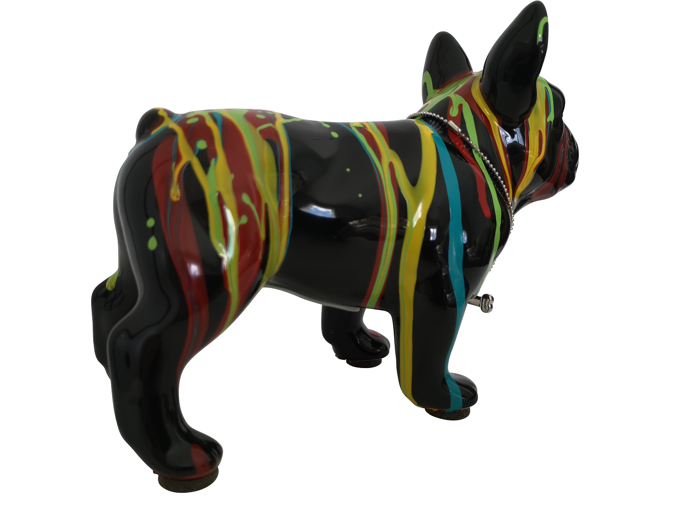 French Bulldog dog piggy bank, black ceramic with paint drips. Length 17 centimeters