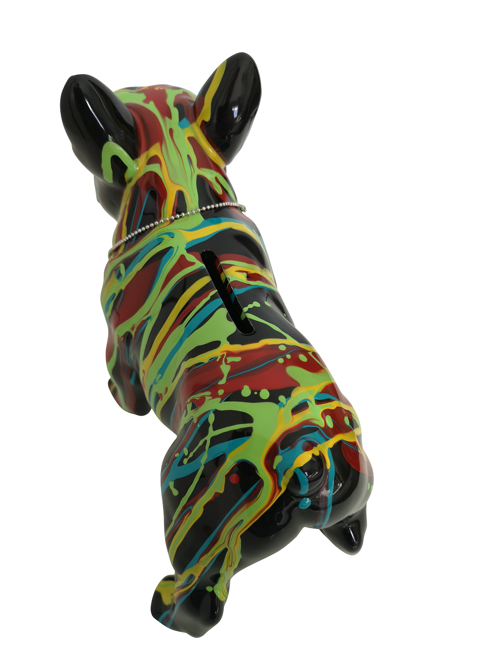 French Bulldog dog piggy bank, black ceramic with paint drips. Length 17 centimeters