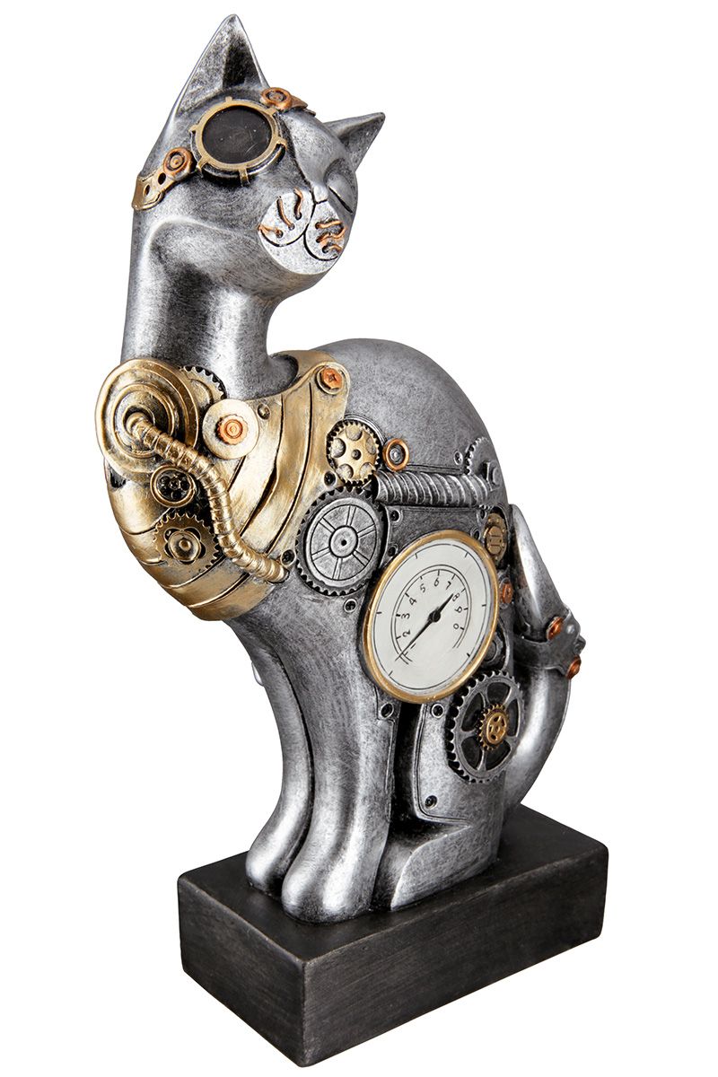 Steampunk cat statue with clock, silver resin. Height 11'8 inches (30 cm)