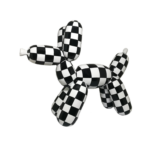 Large "Balloon" dog statue in resin, black and white tiles. Length 30 centimeters and height 28 centimeters