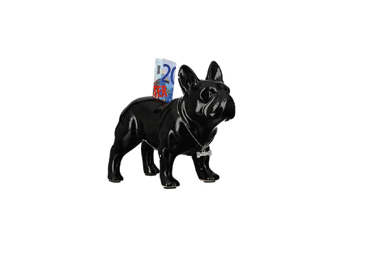 Tirelire chien Bouledogue Français, en céramique noire. Longueur 17 centimètres