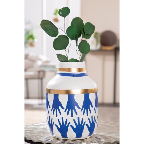 Blue, white and gold ceramic vase, "Children's hands" model, height 24 centimeters