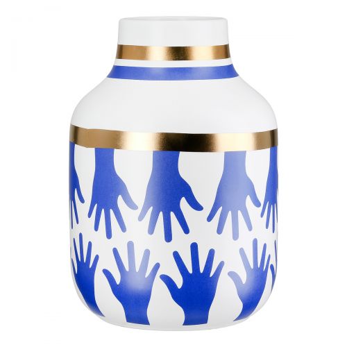 Blue, white and gold ceramic vase, "Children's hands" model, height 24 centimeters