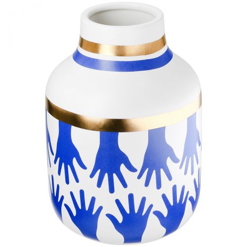 Blue, white and gold ceramic vase, "Children's hands" model, height 24 centimeters