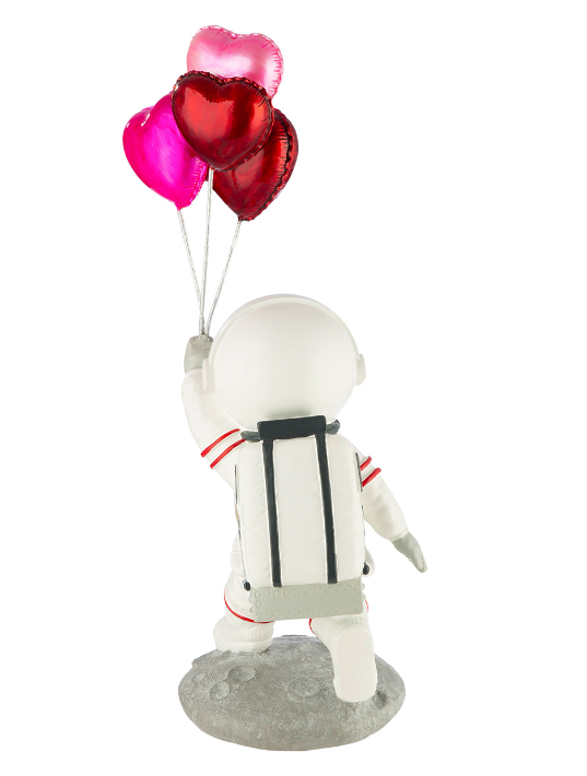Resin astronaut statue or figurine with heart balloons. Height 39 cm