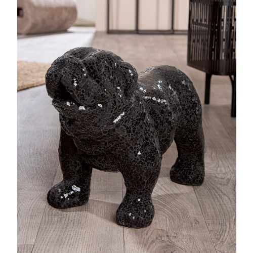 Large English Bulldog dog statue, in glass mosaic and black crystal. Height 42 centimeters