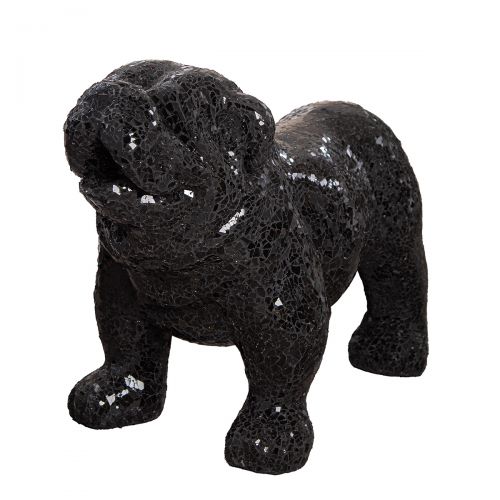 Large English Bulldog dog statue, in glass mosaic and black crystal. Height 42 centimeters