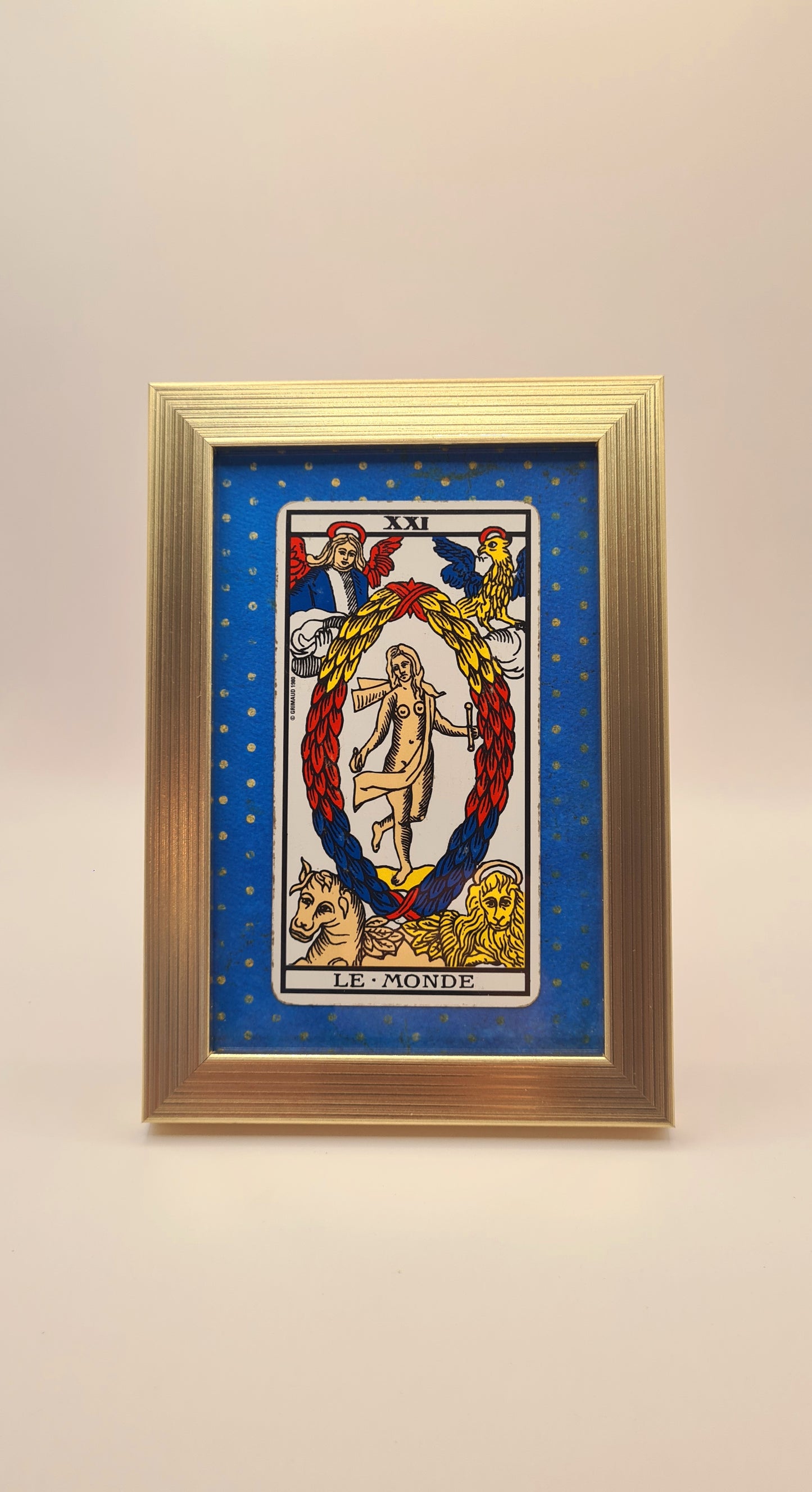 The World, painting with a Tarot of Marseille card, 17/12 centimeters