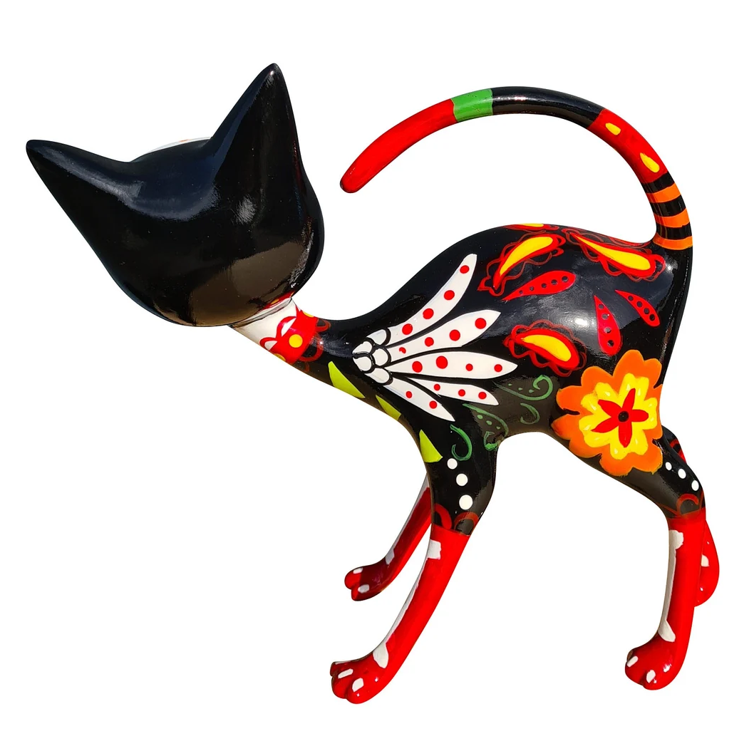 Multicolored resin Mexican cat statue. Length 9'7 inches (24 centimeters)