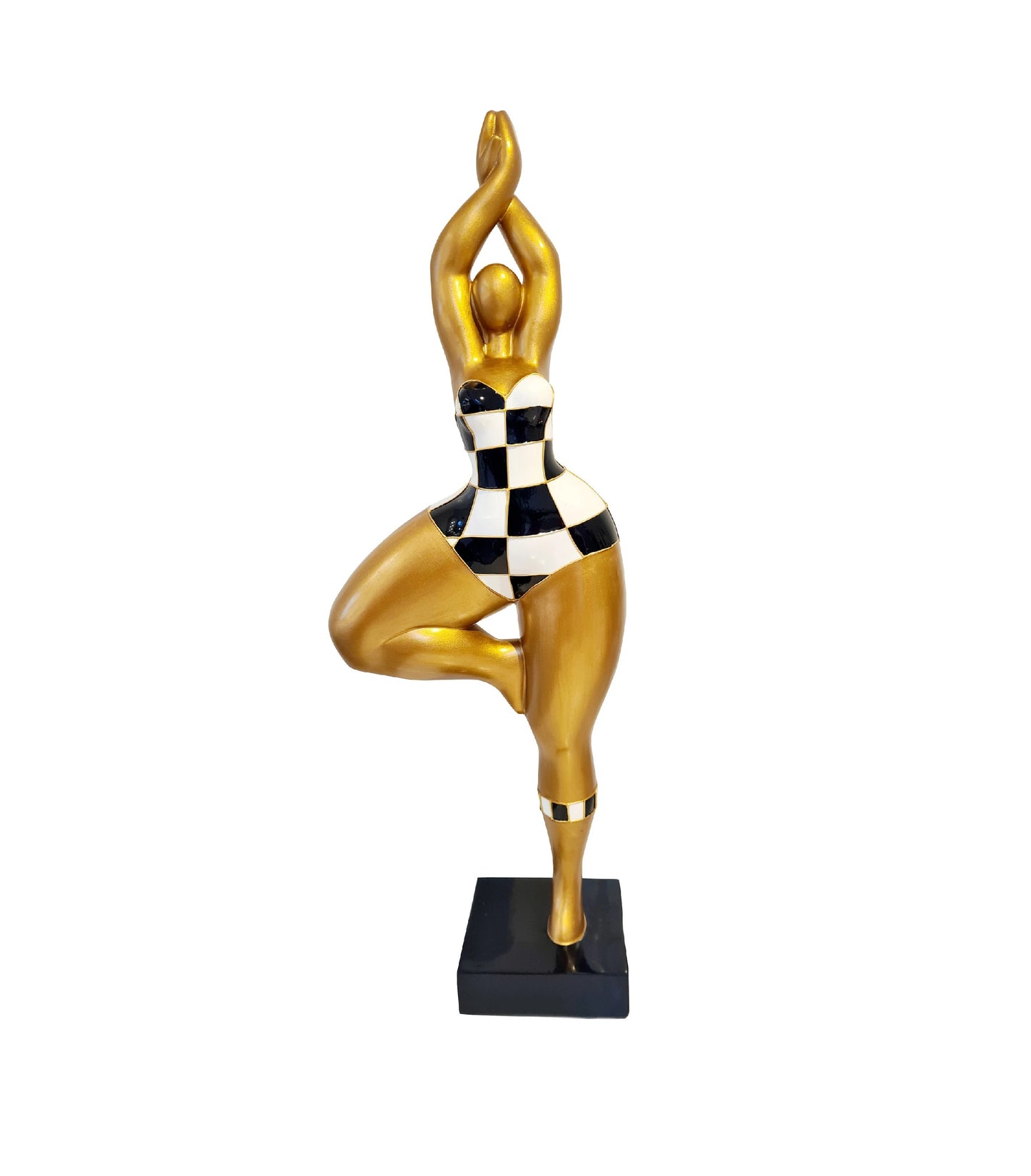 Statue Nanas Danseuses femme ronde "Pia" hauteur 52 centimètres. Résine dorée et damier