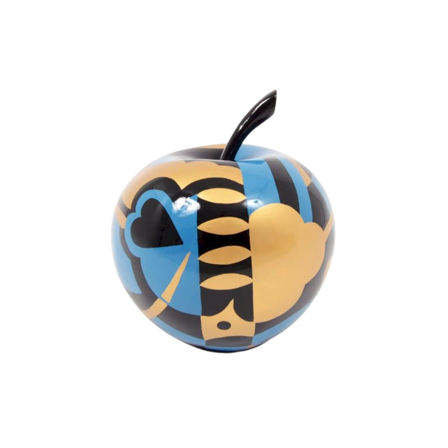 Fruit sculpture. Blue, black and golden apple, multicolored resin. Height 26 centimeters (10,2 inches)