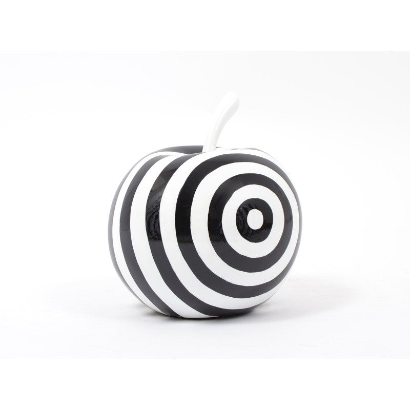 Fruit sculpture. Black and white striped resin apple. Height 26 centimeters