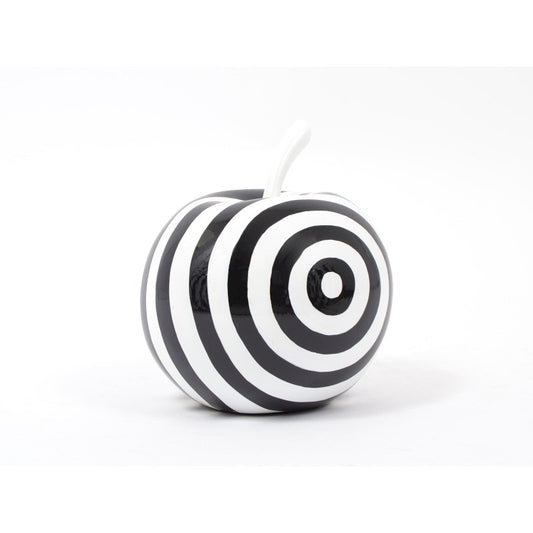 Fruit sculpture. Black and white striped resin apple. Height 26 centimeters