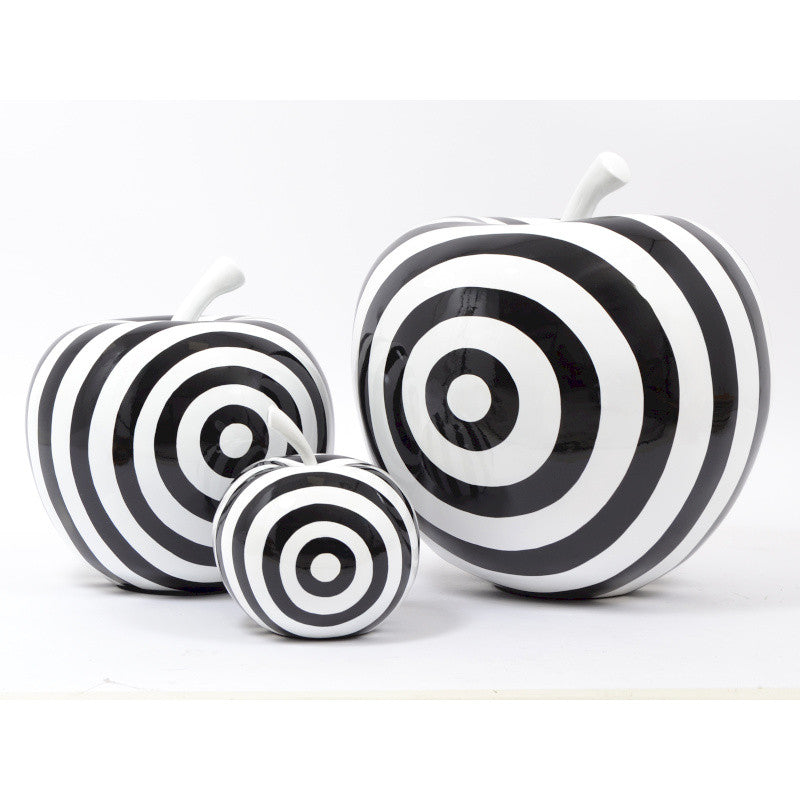 Fruit sculpture. Black and white striped resin apple. Height 26 centimeters