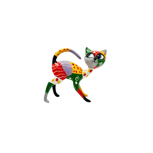 Multicolored resin Mexican cat statue. Length 5'5 inches (14 centimeters)