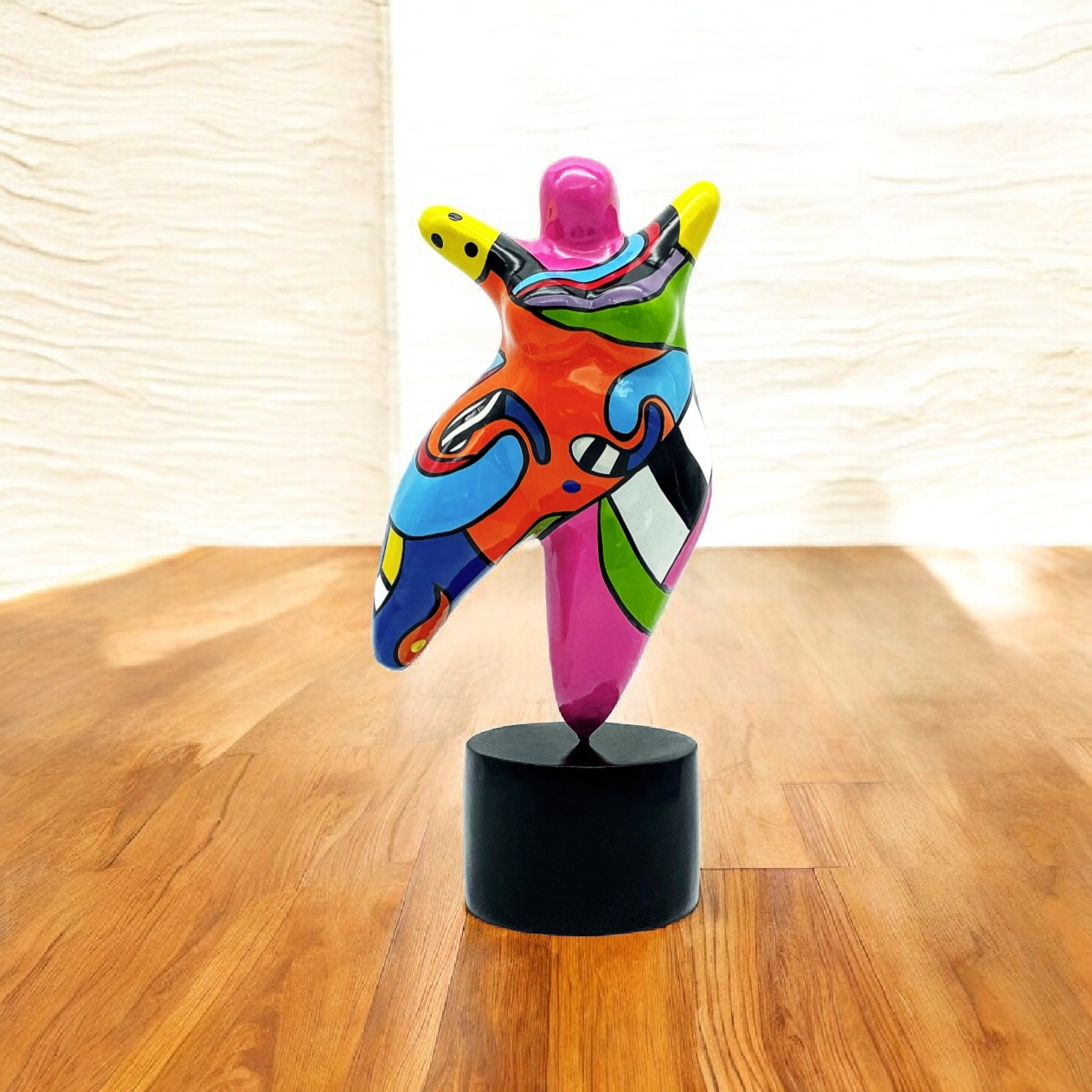 Big Dancer statue 60 cm, curvy woman with multicolor patterns. Hand-painted resin sculpture, decoration Laure Terrier