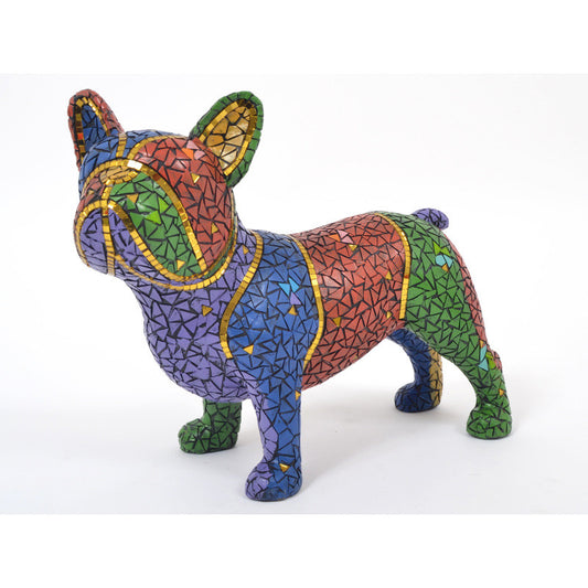 Large French Bulldog dog statue in multicolored mosaic. Length 13'4 inches (34 centimeters)
