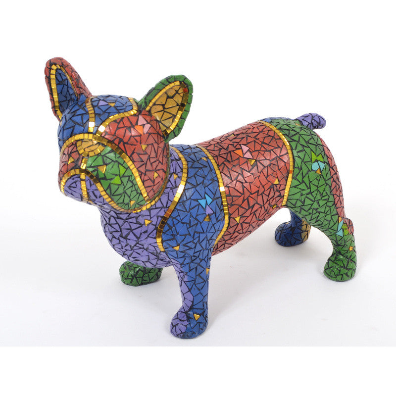 Large French Bulldog dog statue in multicolored mosaic. Length 13'4 inches (34 centimeters)