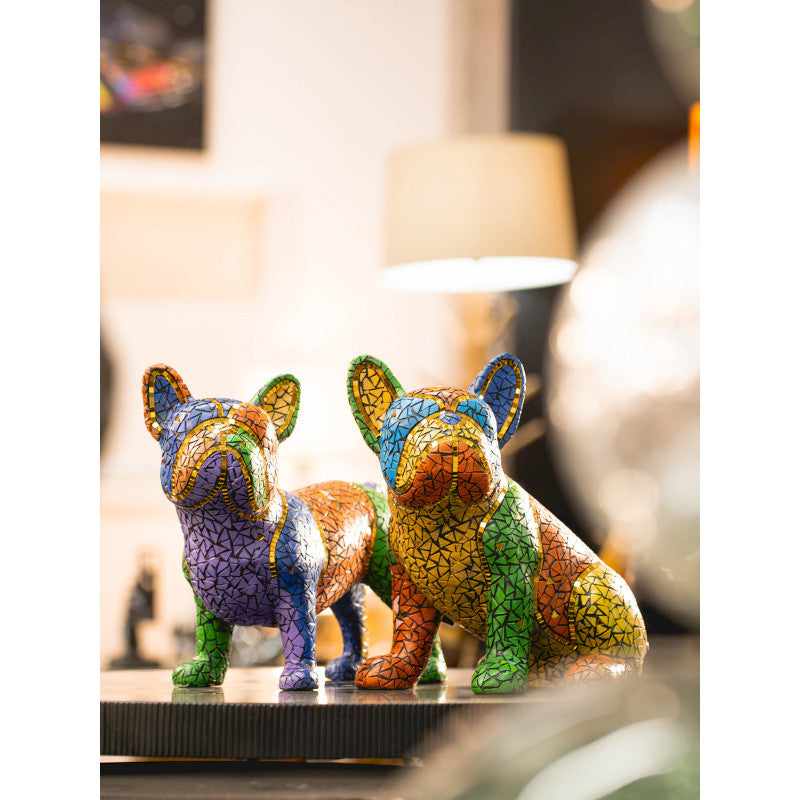 Large French Bulldog dog statue in multicolored mosaic. Length 13'4 inches (34 centimeters)