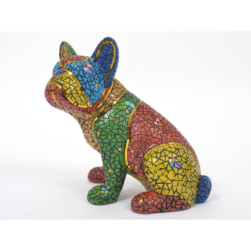 Grande statue de chien Bouledogue Français en mosaïque multicolore. Hauteur 28 centimètres