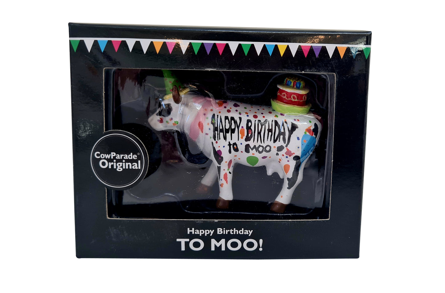 Small statue Cow Parade "Happy Birthday", ceramic. Length 2'5 inches (6.5 centimeters) 