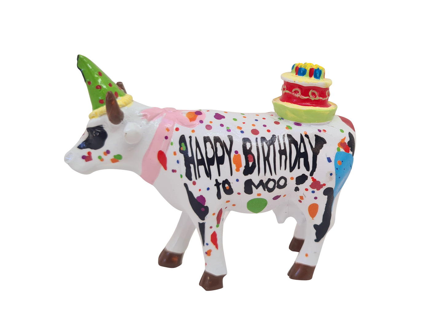 Small statue Cow Parade "Happy Birthday", ceramic. Length 2'5 inches (6.5 centimeters) 