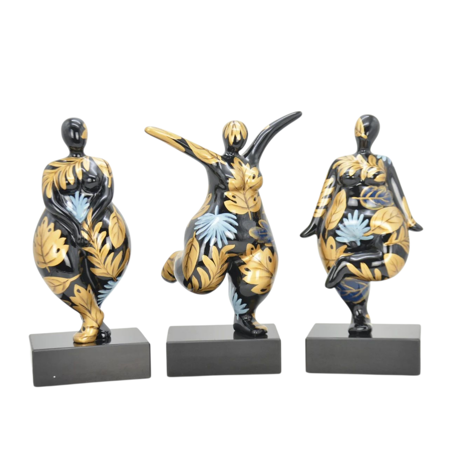Lot 3 statues femmes rondes "Nanas Danseuses", en résine noire et dorée. Hauteur 31 centimètres