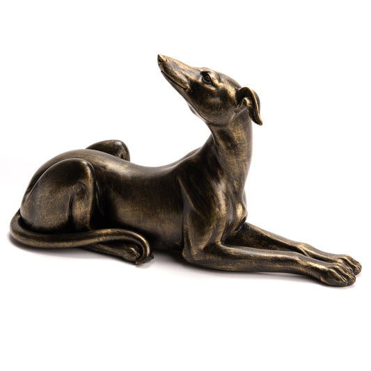 Greyhound statue, bronze resin. Length 13 inches (33 centimeters)
