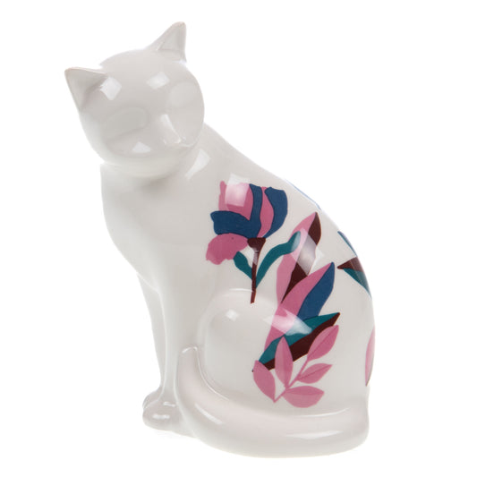 Statue chat, en céramique blanche et fleurs, modèle peint main. Hauteur 15 centimètres