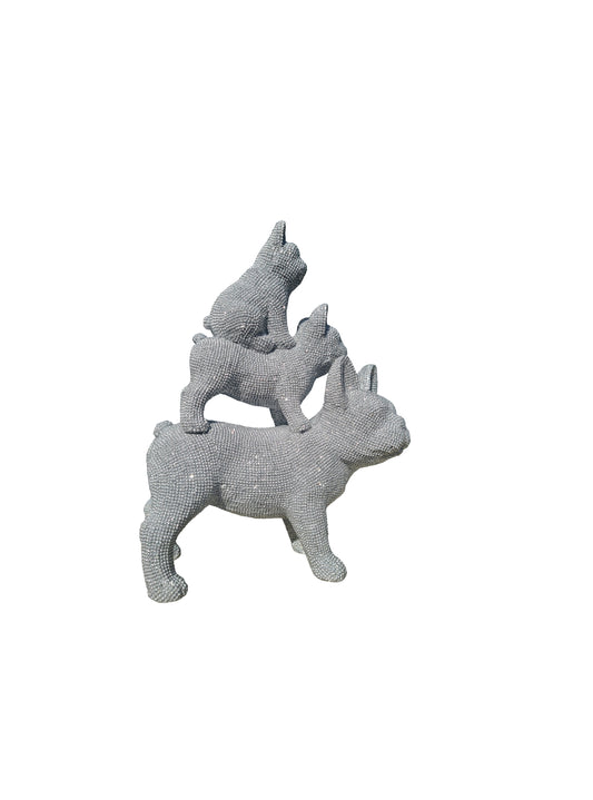 Sculpture or Totem with 3 French bulldog dogs, in silver resin. Height 32 centimeters (12,6 inches)