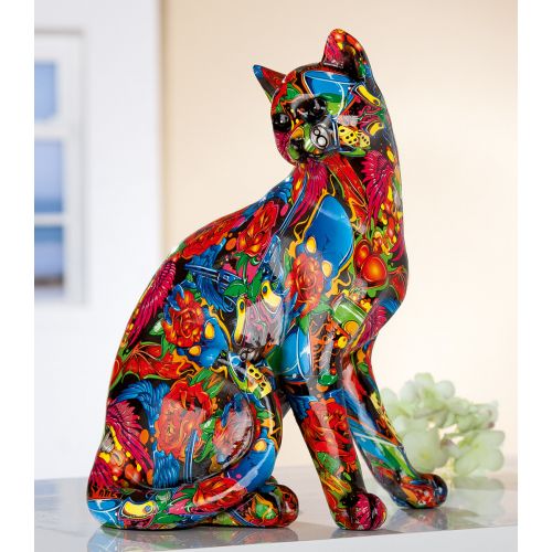 Statue de chat en résine multicolore, hauteur 29 centimètres